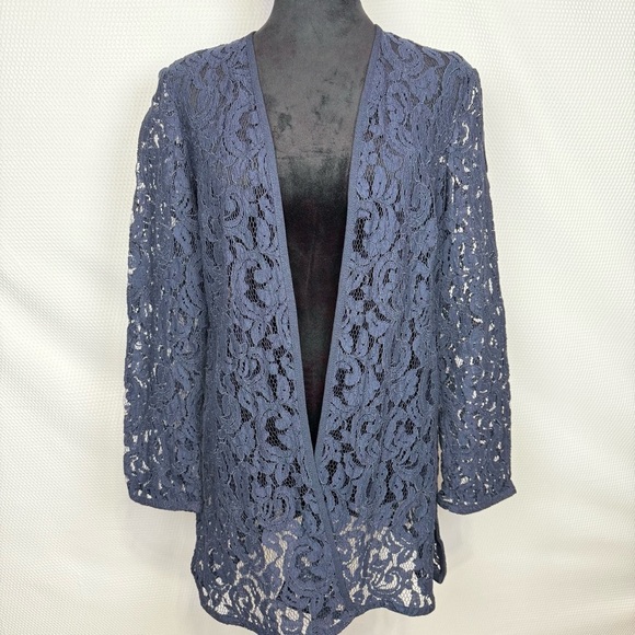 Bedford Fair Sweaters - Bedford Fair Lace Tunic Cardigan Cover Open Front Jacket Sz 14 Navy Blue